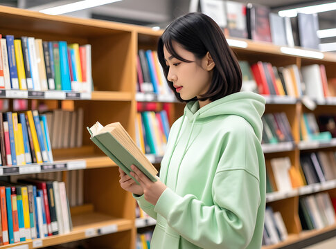 young woman who's wearing light green hoodie is reading a book in the library