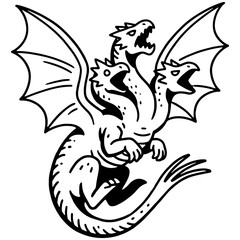 Naklejka premium Three headed dragon hydra mascot in bold black and white line art