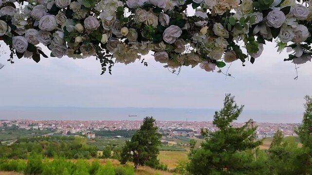High Angle View of Sarkoy Coastal Town and Marmara Sea Framed by Beautiful White Roses and Floral Decorations, Tekirdag, Turkey.