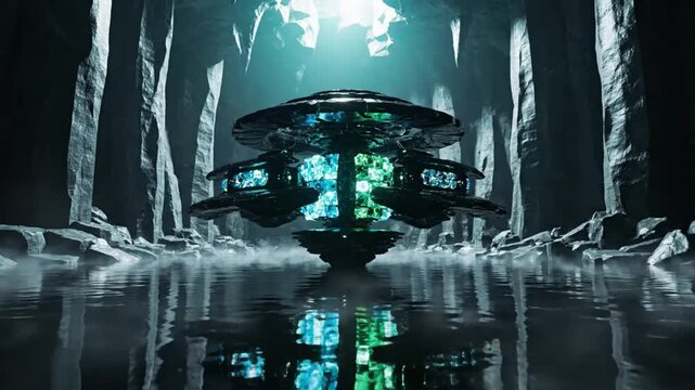 Futuristic alien spaceship hovering in an underground cave with water and luminous lights creating a science fiction concept