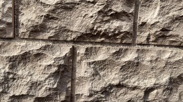Facade panel closeup showing rugged stone texture and mortar lines on beige sandstone blocks, dramatic shadow play, ideal.