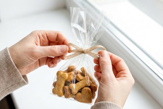 Hands tying a small string bow on a clear plastic gift bag filled with bone shaped dog treats