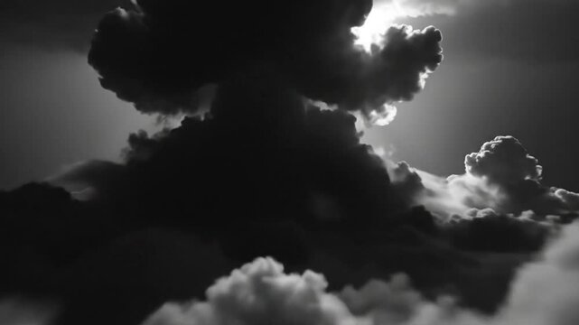 Epic and ominous view of vast cloudscape with bright sun rays breaking through darkened thunderclouds in black and white