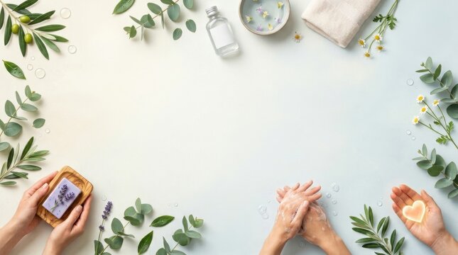 Hands washing with soap and natural skin care products, World Hand Hygiene Day concept, banner frame with botanical elements for spa and wellness