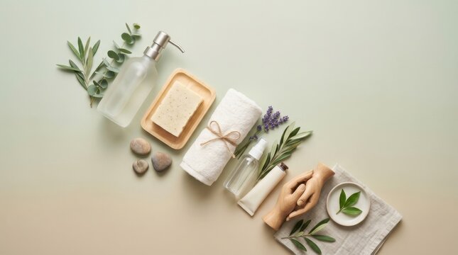 Natural skincare products and hygiene essentials for daily hand care, arranged in a flat lay composition for World Hand Hygiene Day wellness routine