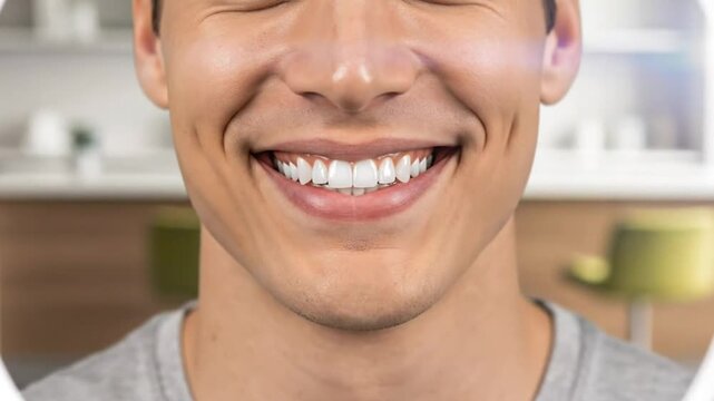 Close-up of a smiling man with a bright white smile reflecting in a circular mirror, showing dental health