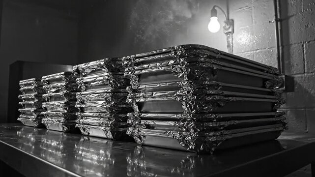 Low angle shot of foil-covered food trays steaming in a dim kitchen for a catering event