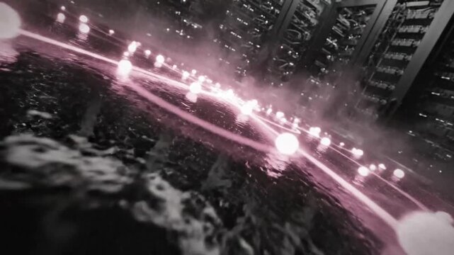 Futuristic server room with glowing orbs, pink light trails, and a digital network visualization