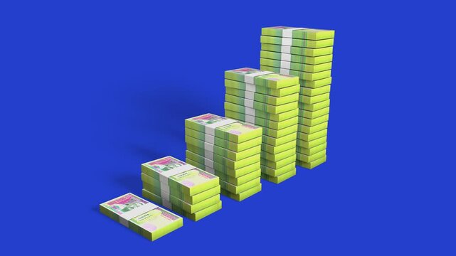 3D animation of Mongolian 20,000 T&ouml;gr&ouml;g stacks rising like a bar chart on a blue background. This motion graphic symbolizes economic growth and features a luma matte for professional editing.