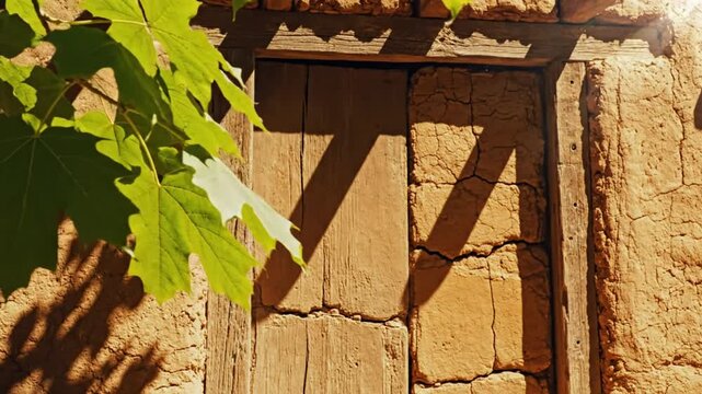 Sunlight dapples a rustic wooden door and adobe wall with fresh green maple leaves in the foreground