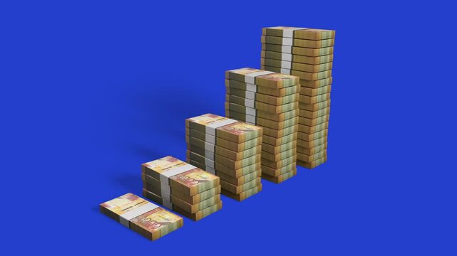 Stacks of 1,000 Kenyan Shilling notes rise like a bar graph on a blue backdrop. Includes a luma matte for easy editing. Perfect for Kenyan finance, banking, and investment growth concepts.