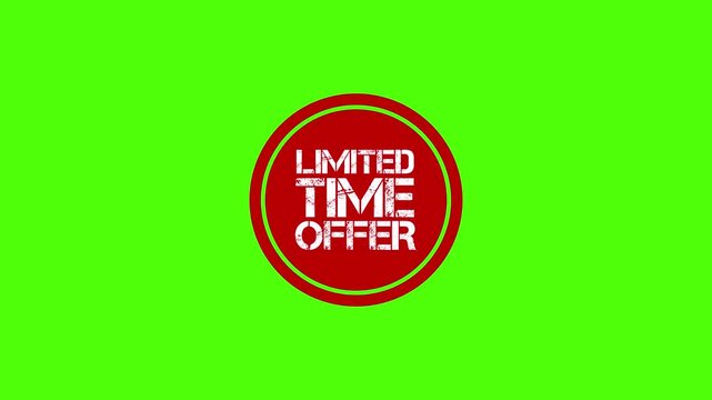 Limited time offer red circular stamp animation. Red sale label on green background promotion.
