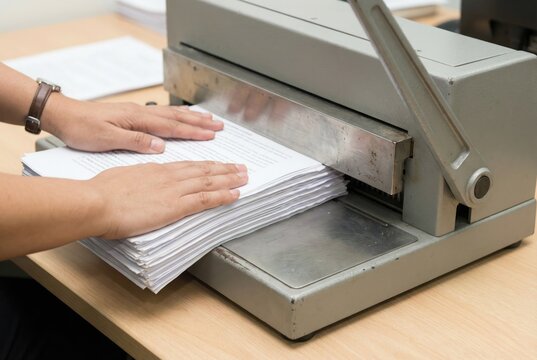 Hands holding a stack of printed documents and using a heavy duty manual binding machine in an office