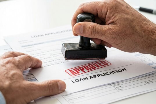 Hand pressing a rubber stamp to mark a red approved sign onto a printed loan application document