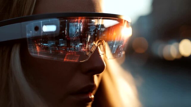 Woman wearing futuristic glasses in urban sunset scene