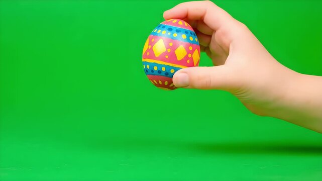 Decorated pink Easter egg being picked up by hand in green screen studio