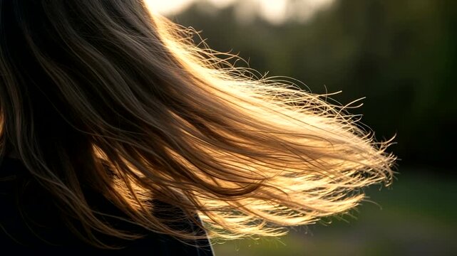 Woman with flowing hair in serene nature backdrop