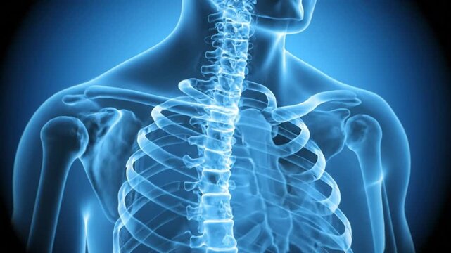 Anatomical illustration showcasing the human skeleton highlighting the spine, ribcage, shoulders, and arms in a cool blue color scheme