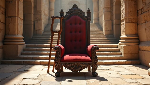 Ornate throne chair with wooden crutch rests beside stone stpic. Royal in ancient palace setting. Symbol of power, disability, and royal lineage. King Davids court.
