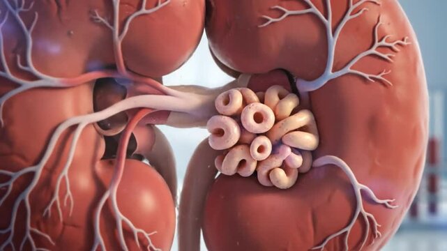 Kidney anatomy of a human body with intricate details illustrating the biological structure.