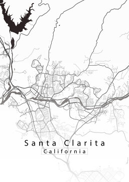 Minimalist white map of Santa Clarita, California - a modern map print highlighting infrastructure of the city, useful for tourism purposes