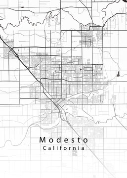 Modesto California Minimalist City Map &ndash; Black and White Street Map Poster