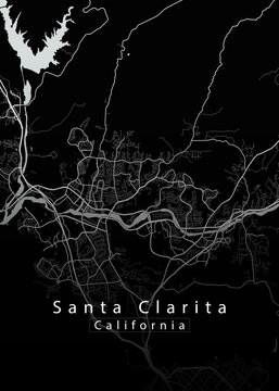 Santa Clarita California Dark City Map &ndash; Black Minimalist Street Map Poster