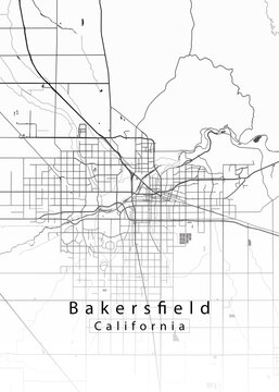 Minimalist white map of Bakersfield, California - A modern map print highlighting infrastructure of the city, useful for tourism purposes