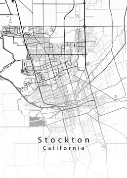 Minimalist white map of Stockton, California - A modern map print highlighting infrastructure of the city, useful for tourism purposes