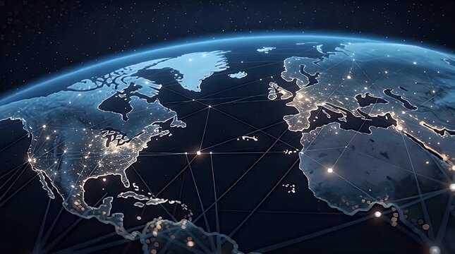 Illuminated digital globe representation showcasing interconnected worldwide communication networks and global data transmission streams in space.