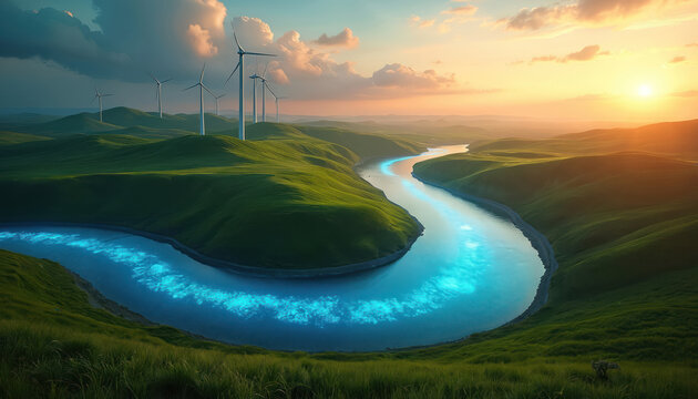 Wind turbines stand on green rolling hills beside a winding river at sunset. Clean energy generation in a peaceful rural landscape. The sun sets over the horizon, casting warm light on the scene.