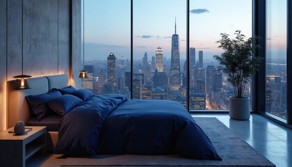 Naklejka premium Bedroom with navy blue bedding. Large windows show city skyline at dusk. Modern interior design offers urban views and stylish comfort for relaxation and sleep.