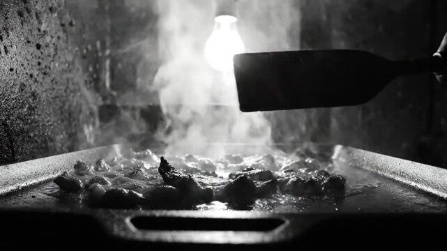 Black and white close up of food sizzling on a hot griddle with steam rising and bright overhead light