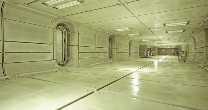 polished transit corridor with warm golden glow, seamless floor reflections, curved bulkhead, distant hatch, calm futuristic travel mood and scouting