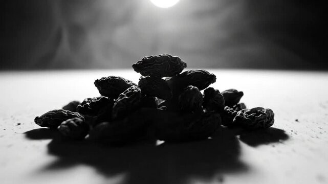 Black and white close up of a pile of dates or similar food items with bright light and smoke in the background.