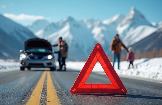 Family with car trouble on snowy mountain road. Red warning triangle placed on asphalt signals vehicle breakdown. People stand near open hood, waiting for help in cold weather.