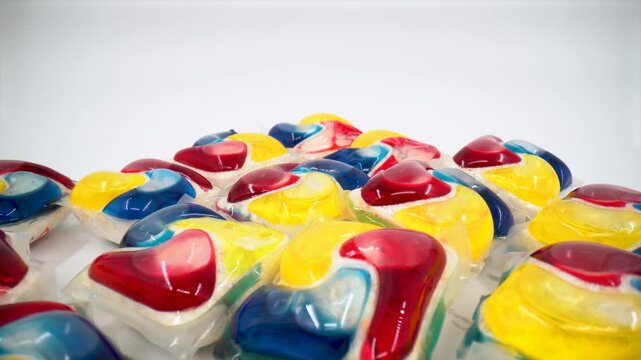 Close up of dishwasher detergent tabs on white background isolated