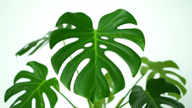 Close up view of the green Monstera plant leaves with holes and slits against a white background.