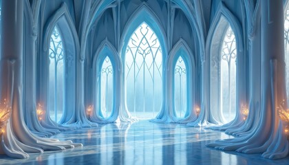 Fototapeta premium Majestic icy palace interior features tall arched windows and frozen columns. Ornate ice architecture gleams with soft blue light. Empty grand hall feels cold and magical, suitable for winter themes.
