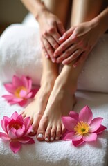 Fototapeta premium Woman with white painted toenails relaxes with pink lotus flowers. Her feet are resting on a white towel. This image suggests foot care beauty and spa treatments for well being.