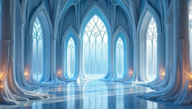Majestic icy palace interior features tall arched windows and frozen columns. Ornate ice architecture gleams with soft blue light. Empty grand hall feels cold and magical, suitable for winter themes.