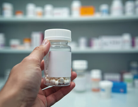 Hand holds clear bottle with white pills. Background shows blurred pharmacy shelves stocked with medicine boxes. Medical supply store setting.