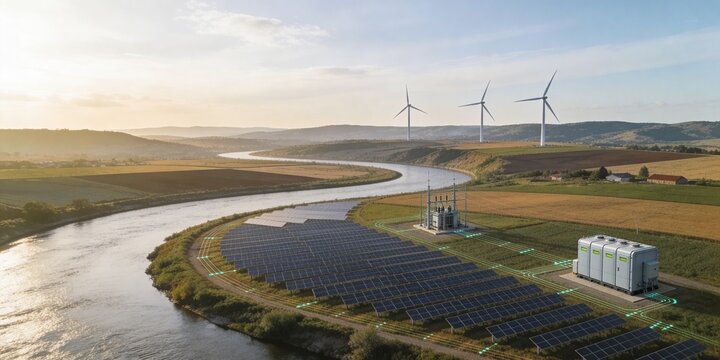 Aerial renewable energy floodplain with solar farm wind turbines battery storage and rural substation smart grid landscape background for ESG report cover and business presentation