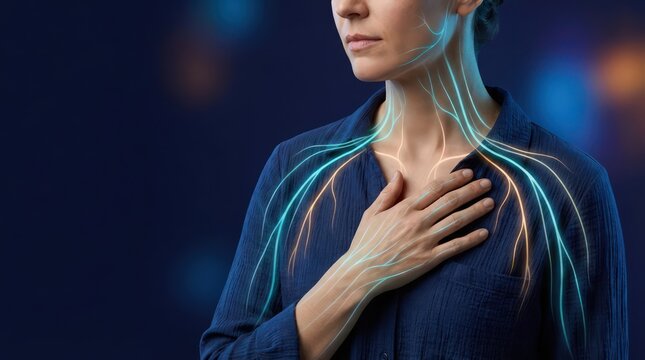 Woman touching chest with glowing nervous system pathways across neck and shoulders for stress response regulation mind body connection and somatic wellness header