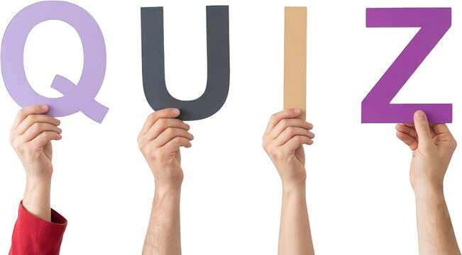 Four hands hold up large colorful letter cutouts spelling out the word QUIZ in a studio setting question knowledge trivia competition test challenge game education learning