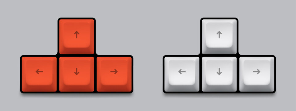 Red and white arrow keys for computer keyboard. Digital navigation button set with directional symbols. Minimalist interface element for gaming hardware design and software control.