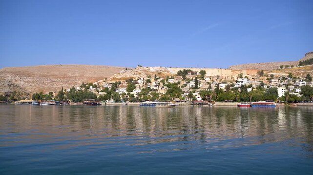 View of Halfeti old town from Euphrates River in Sanliurfa Turkey
