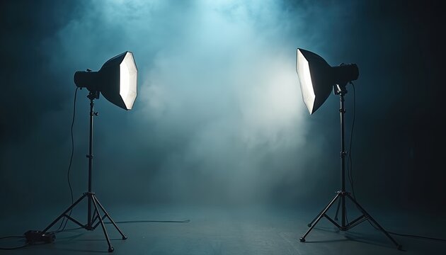 Two studio softbox lights on tripods create atmosphere in a dark room with blueish fog. Pro lighting setup for photo or video production, creative shoots, and visual effects.
