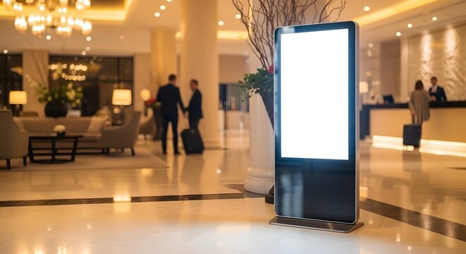 Elegant hotel lobby with digital signage and waiting guests