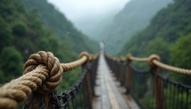 Thick rope knot secures old suspension bridge pathway leading into misty green mountain valley. Wooden planks cross gorge over foggy jungle landscape. Adventure beckons across dramatic vista.